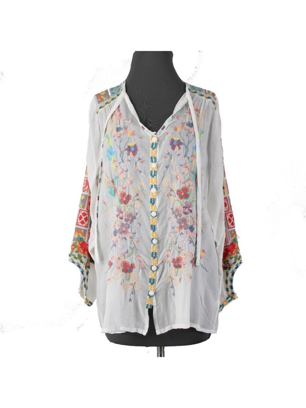 Johnny Was Top Sz S White Multi Colored Embroidered 100% Cotton Poly Top